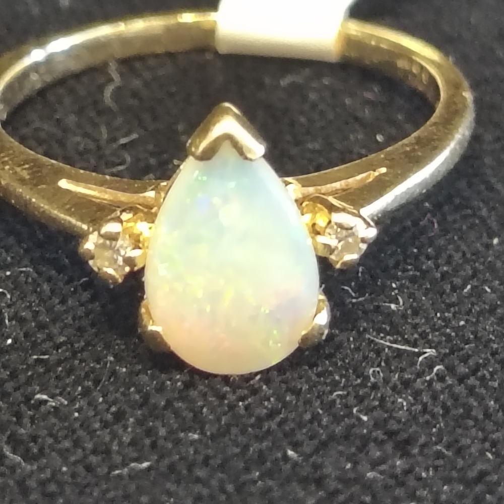 Gold Teardrop Opal Ring with Diamond Accents - White Opal